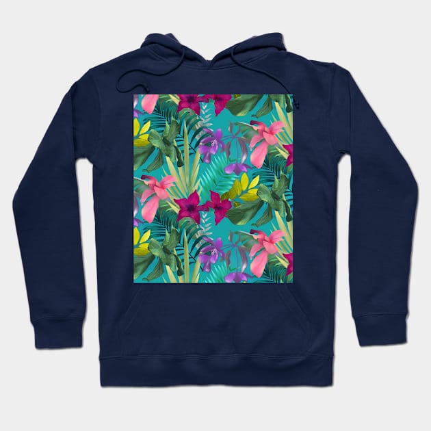 Elegant tropical flowers and leaves pattern purple illustration, blue tropical pattern over a Hoodie by Zeinab taha